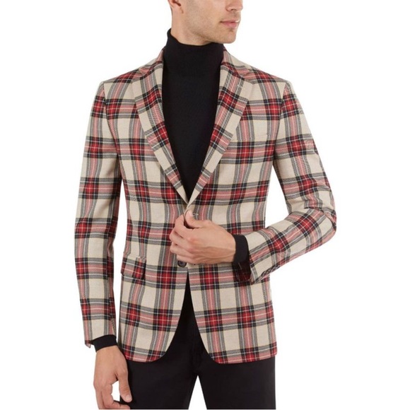 Tallia Wool Blend Blazer Slim Fit Plaid Sport Coat Cream Red Size 38R